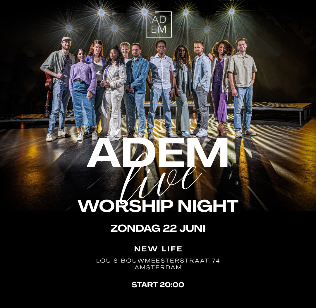 Adem Live Worship Night poster showing Ilaisa and worship band on illuminated stage for Amsterdam event June 22