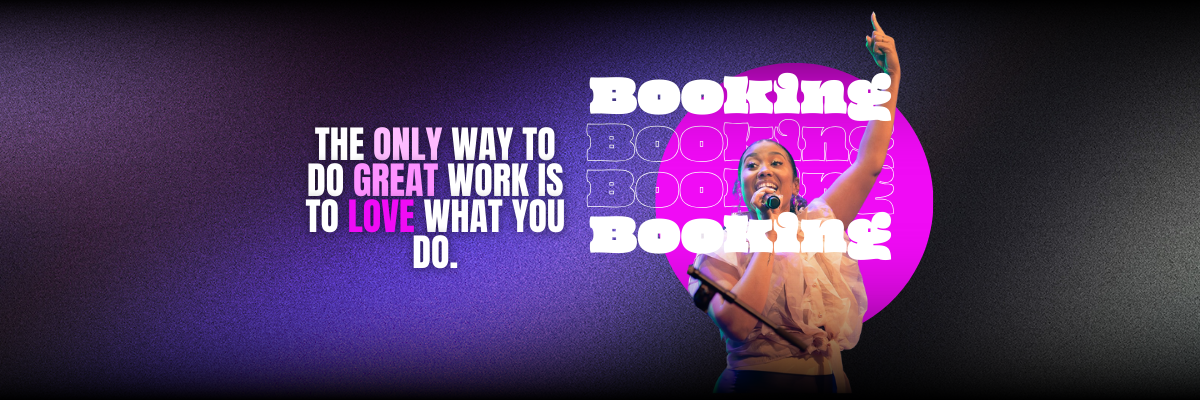 Ilaisa singing with hand raised beside “Booking” graphic and motivational quote, banner for event bookings page
