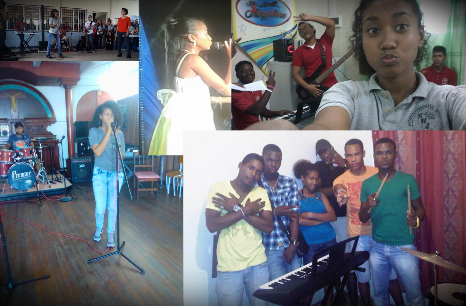Collage of young Ilaisa rehearsing with band and performing on stage during her early music journey