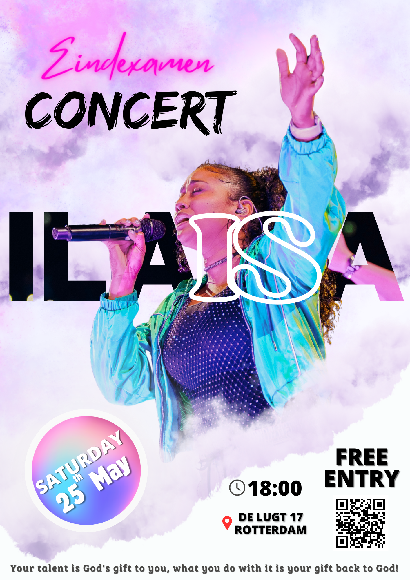 Poster promoting Ilaisa's Codarts graduation concert, 25 May in Rotterdam, with Ilaisa singing into a mic