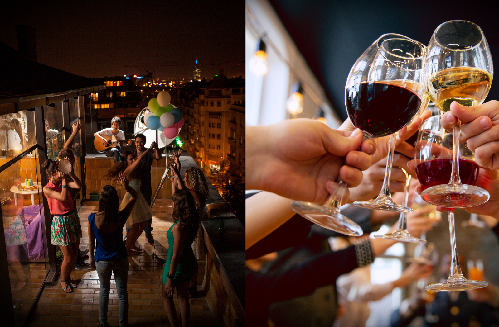 Night-time rooftop party with live music and guests clinking wine glasses, illustrating event bookings with Ilaisa