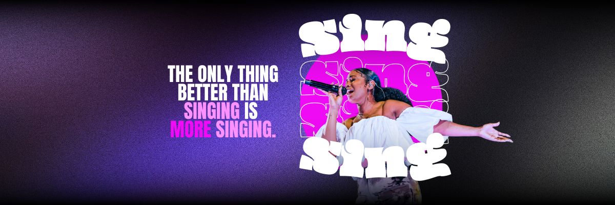 Ilaisa singing into mic with arms open beside “Sing” graphic and motivational quote, hero banner for private singing lessons page