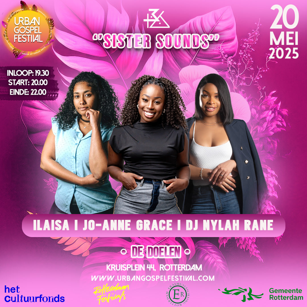 Poster for  Urban Gospel Festival, 20 May 2025, featuring Ilaisa, Jo-Anne Grace and DJ Nylah Rane, Rotterdam